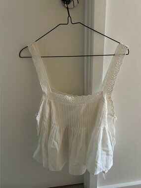Zara White Eyelet Lace Pintuck Tank Top | Cottagecore Boho | Flowy Crop | Summer